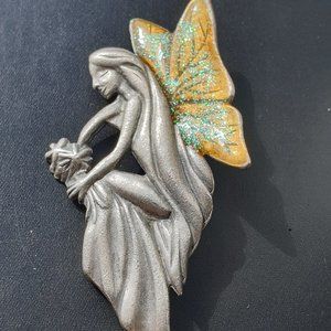 Vintage AJMC Brooch "Fairy" silver pewter tone 3.5"H 2"W great condition